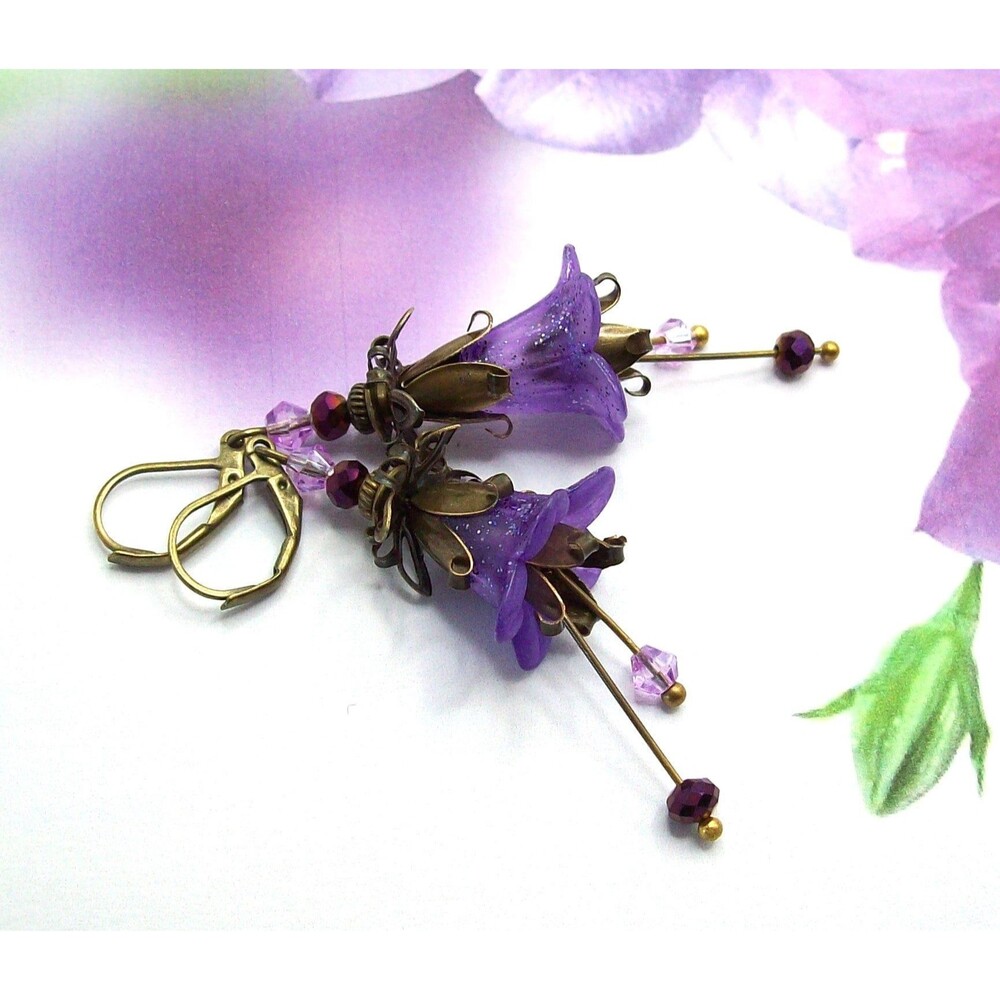 Boho Amethyst Purple Flower Earrings, Antique Bronze, Hand Painted, Floral Jewel